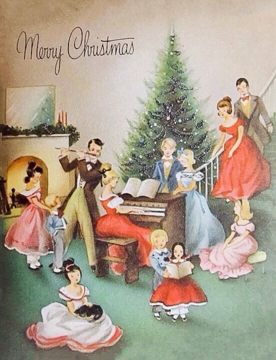 Vintage Christmas illustration of a family gathered around a tree with piano, dancing and fireplace