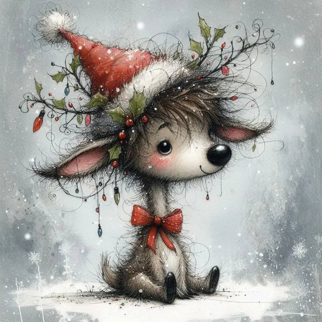 Cute cartoon reindeer in Santa hat with red bow and Christmas decorations on snowy background
