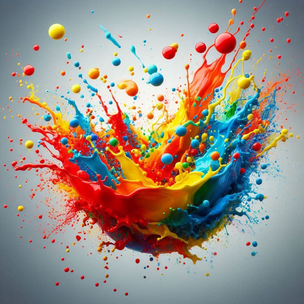 Vibrant multicolored paint explosion with splashing droplets in red, yellow, blue, and orange