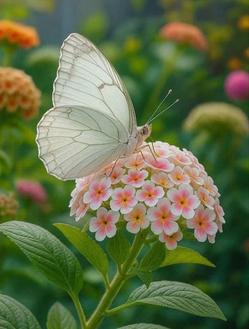 White butterfly with spread wings perched on a cluster of pink and white lantana flowers in a garden