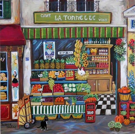 Illustrated fruit shop storefront with colorful produce, striped awning, and black cat in front