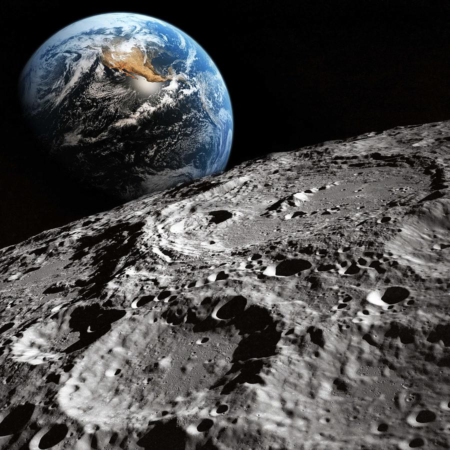Earth viewed from the Moon's cratered surface with black space background
