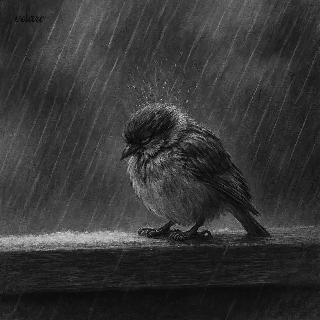 Small bird perched on a ledge in heavy rain, shown in black and white