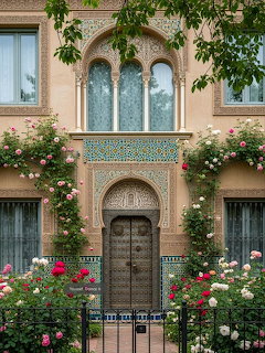 Ornate Moorish architectural facade with carved arches, tiled door, and pink rose garden in front