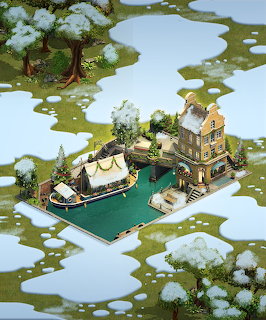 Isometric medieval village with buildings, market tent, boat dock, and snowy landscape from Forge of Empires game