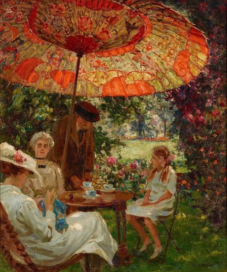 Impressionist painting of a garden tea party with women and child under a large orange parasol amid flowers.