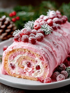 Pink frosted cake roll topped with sugared cranberries and pine cones