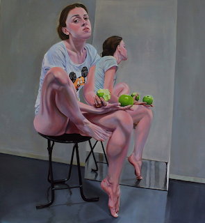 Painting of a seated woman holding green apples beside a mirror reflection