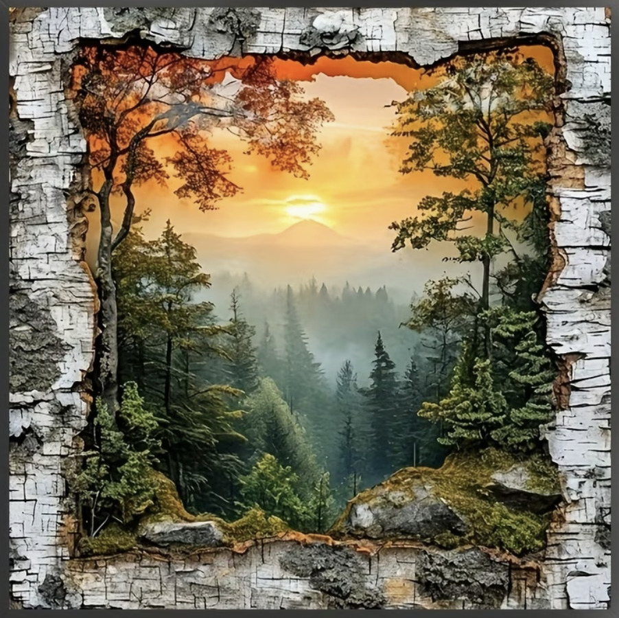 Mountain sunset scene viewed through a textured birch bark frame, showing foggy forest and sun setting over distant peaks.