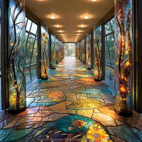 Long hallway with stained glass columns, leaded glass windows, and colorful mosaic stone floor