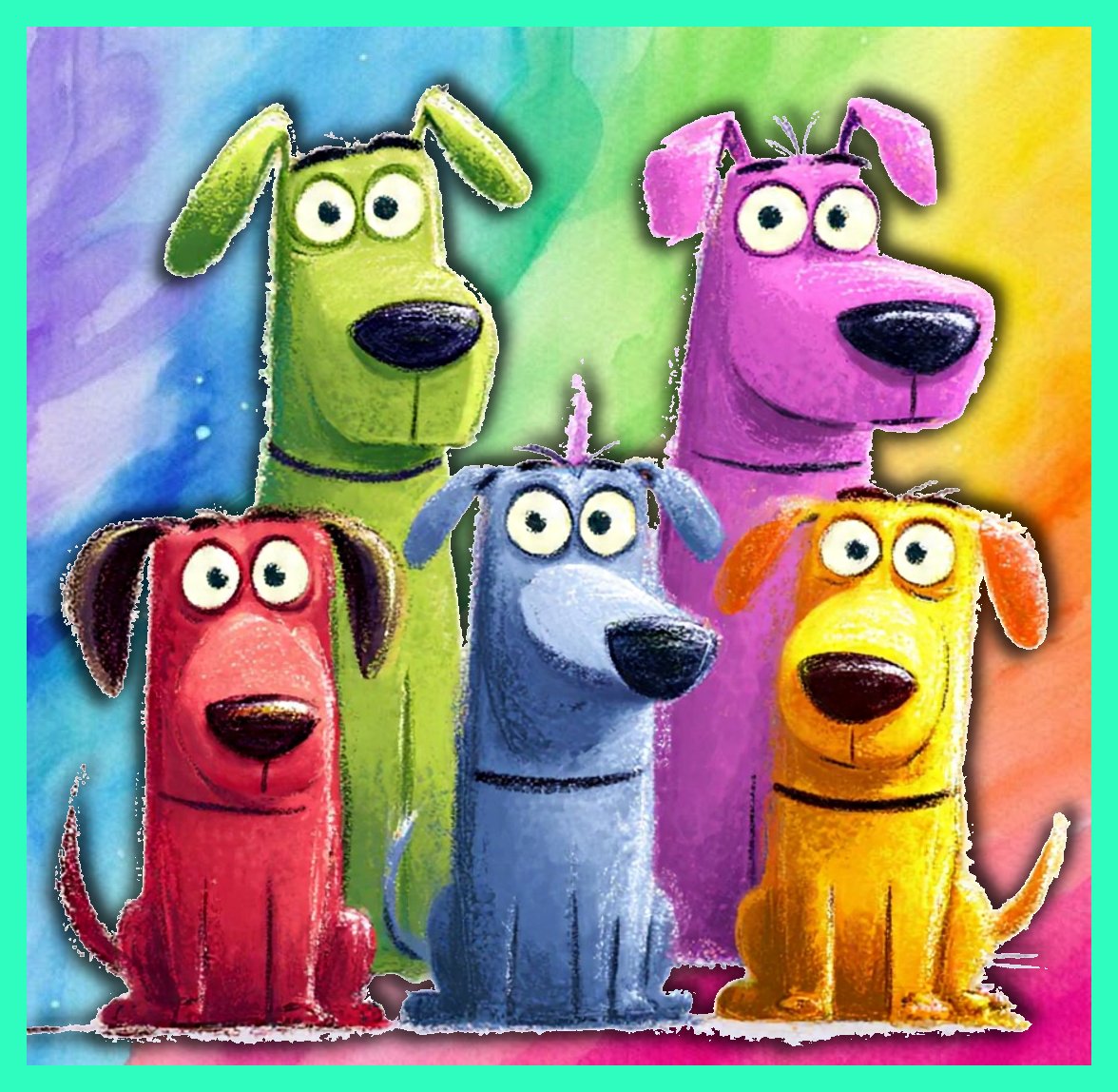 Five colorful cartoon dogs in green, pink, red, blue, and yellow sitting together against a rainbow background