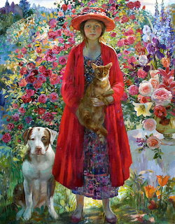 Woman in red coat holding cat with white dog in colorful garden painting