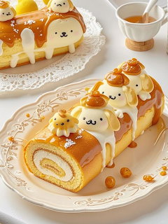 Pompompurin character-themed cake roll with caramel sauce and cute decorations on a white plate