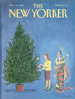 Illustrated magazine cover of a couple decorating a tall Christmas tree, man tangled in string lights