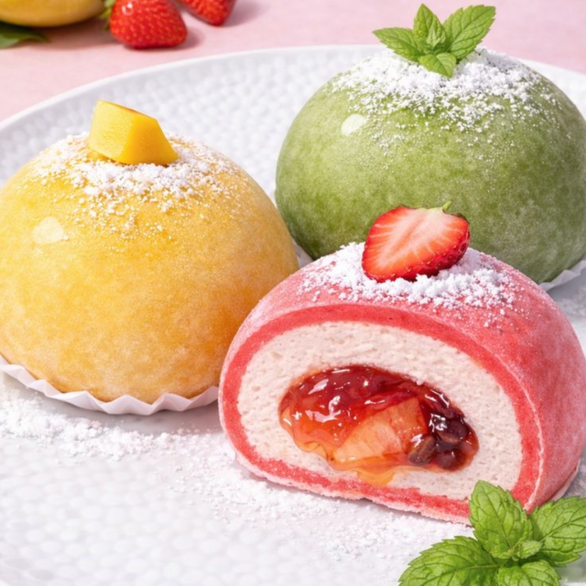 Three pastel-colored mochi desserts with powdered sugar and fruit garnish on white plate