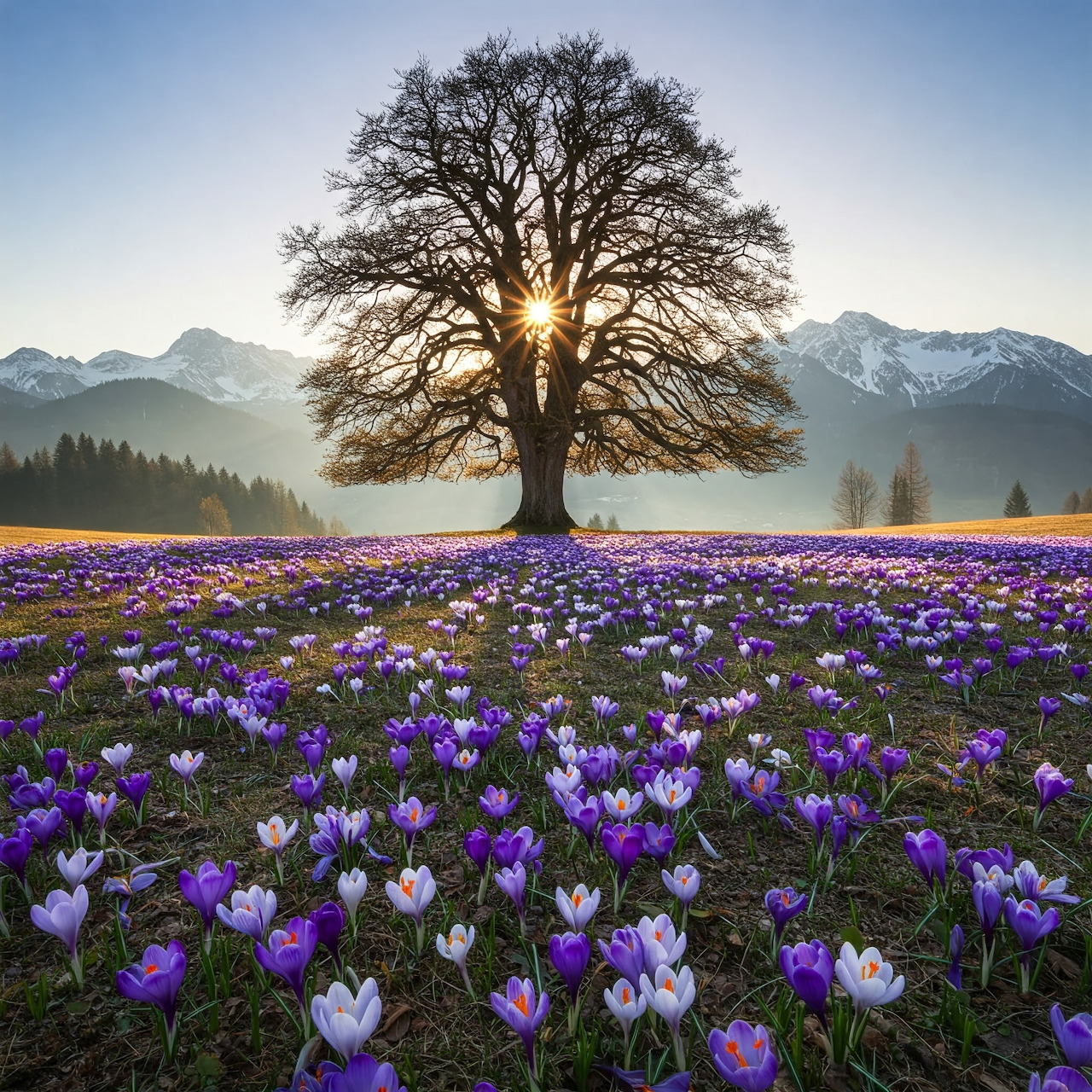 Solitary tree backlit by sunrise over field of purple and white crocuses with mountains behind