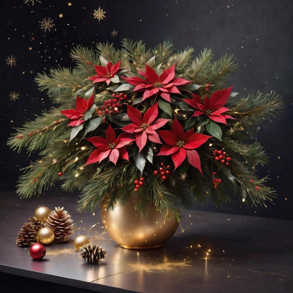 Christmas floral arrangement with red poinsettias, evergreen branches, and pinecones in golden vase with lights