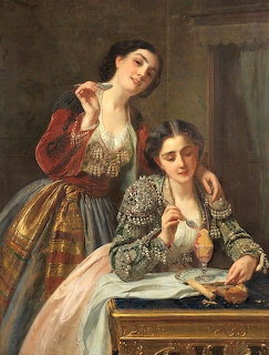 Oil painting of two women in elaborate period gowns, one standing behind the other who sits writing