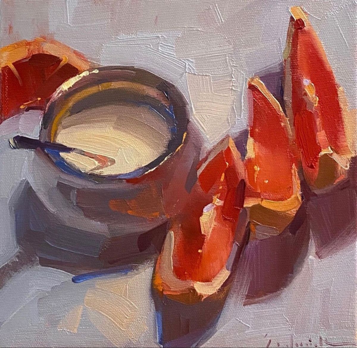 Painting of watermelon slices and a dark cup on a tabletop