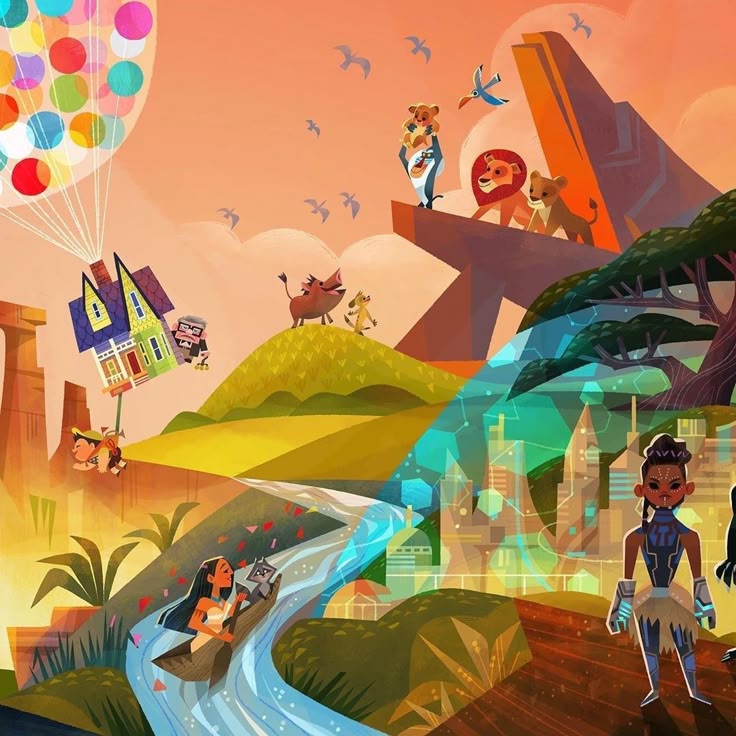 Vibrant cartoon collage of Disney characters in a desert oasis with waterfall, mountain, and colorful balloons