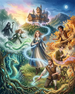 Fantasy castle with elemental magic swirling around characters in a vibrant mystical landscape