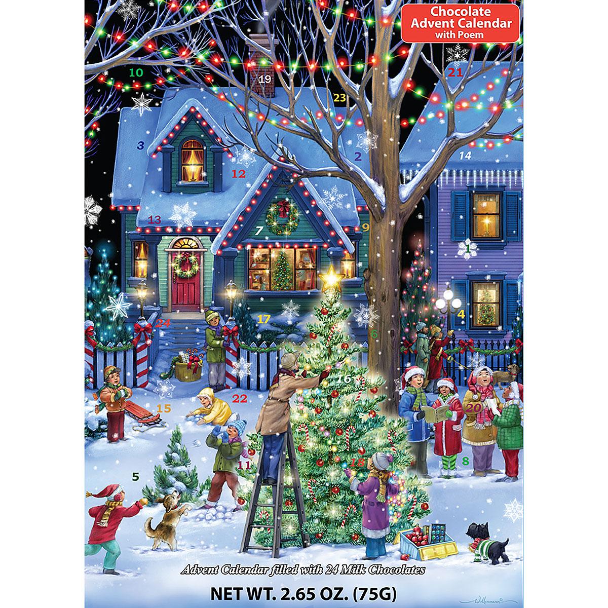 Chocolate advent calendar box with illustrated snowy Christmas village scene and decorated tree