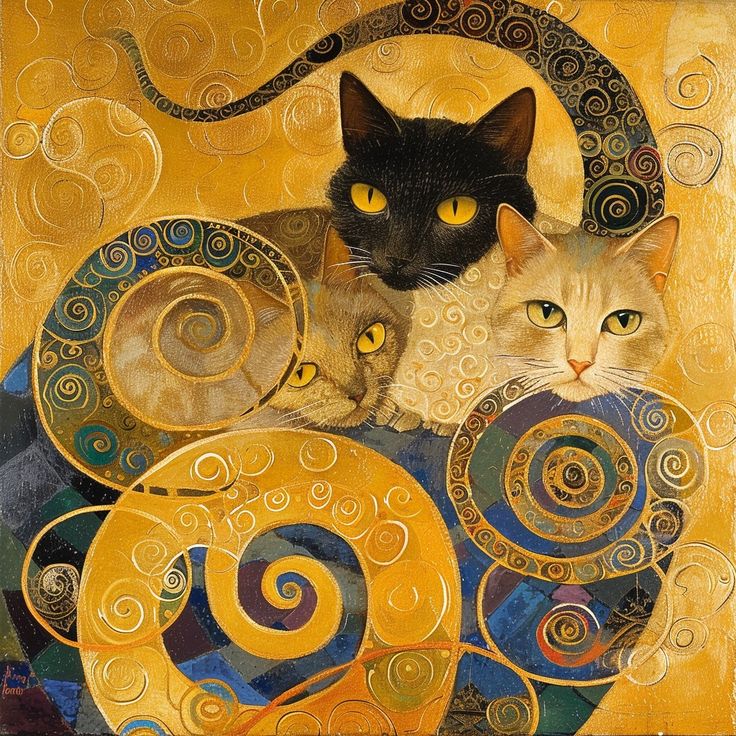 Two cats with yellow eyes amid golden swirling decorative patterns