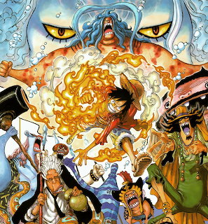 Colorful anime illustration showing One Piece characters fighting with energy blasts and a giant orange sea monster overhead