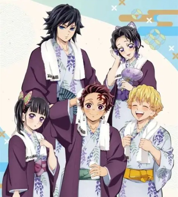 Five Demon Slayer characters wearing patterned yukata and towels in a cheerful group portrait.
