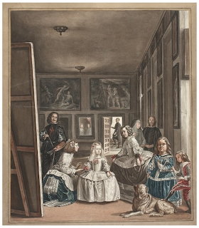 Reproduction of Las Meninas by Velázquez showing the Infanta, maids of honor, and painter in a palace studio
