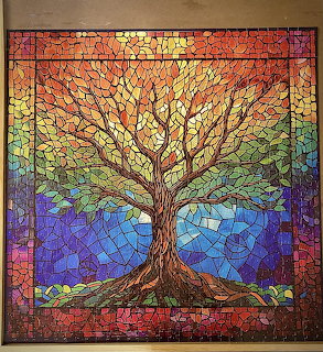 Stained glass mosaic art of a tree with rainbow gradient background and decorative border