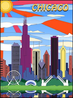 Colorful pop art illustration of Chicago skyline with iconic buildings and landmarks