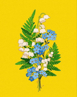 Illustrated bouquet with white and blue wildflowers and ferns on yellow background