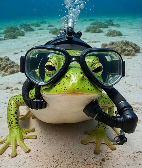 Frog with scuba mask and snorkel underwater on sandy bottom