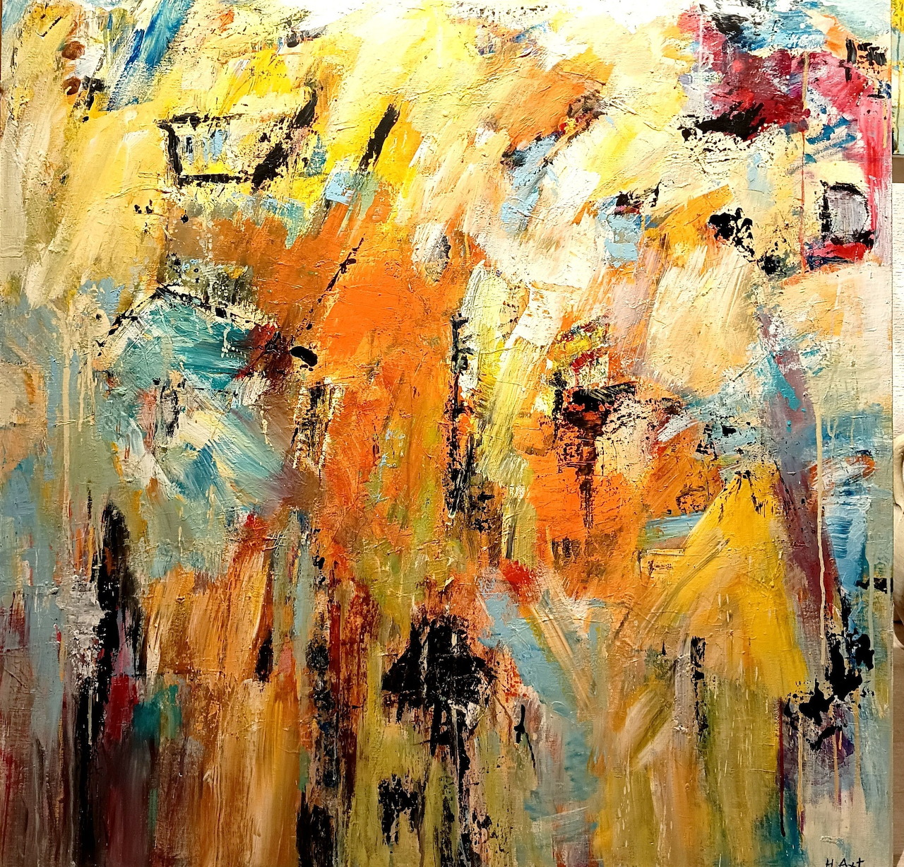 Abstract painting with layered yellow, orange, blue, and white brushstrokes