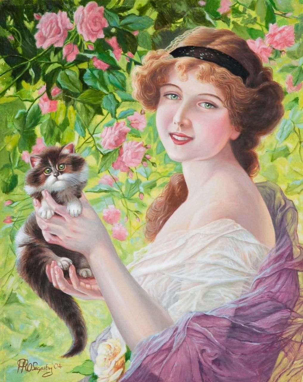 Vintage painting of a young woman holding a fluffy cat in a rose garden