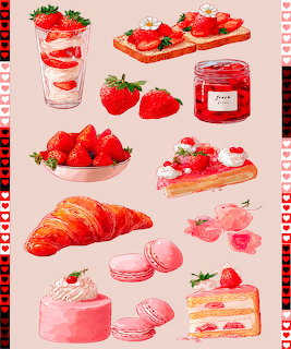 Pink-toned illustration of strawberry desserts: croissant, macarons, cake, jam, parfait and berries.
