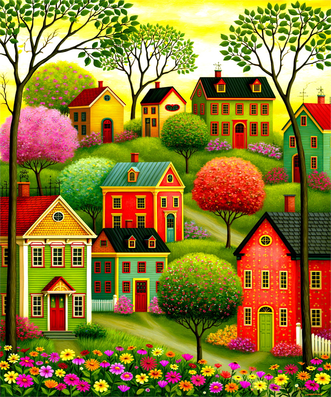 Colorful illustrated village with bright houses, flowers, trees, and green hills