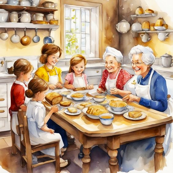 Watercolor illustration of multi-generational family baking together at wooden kitchen table