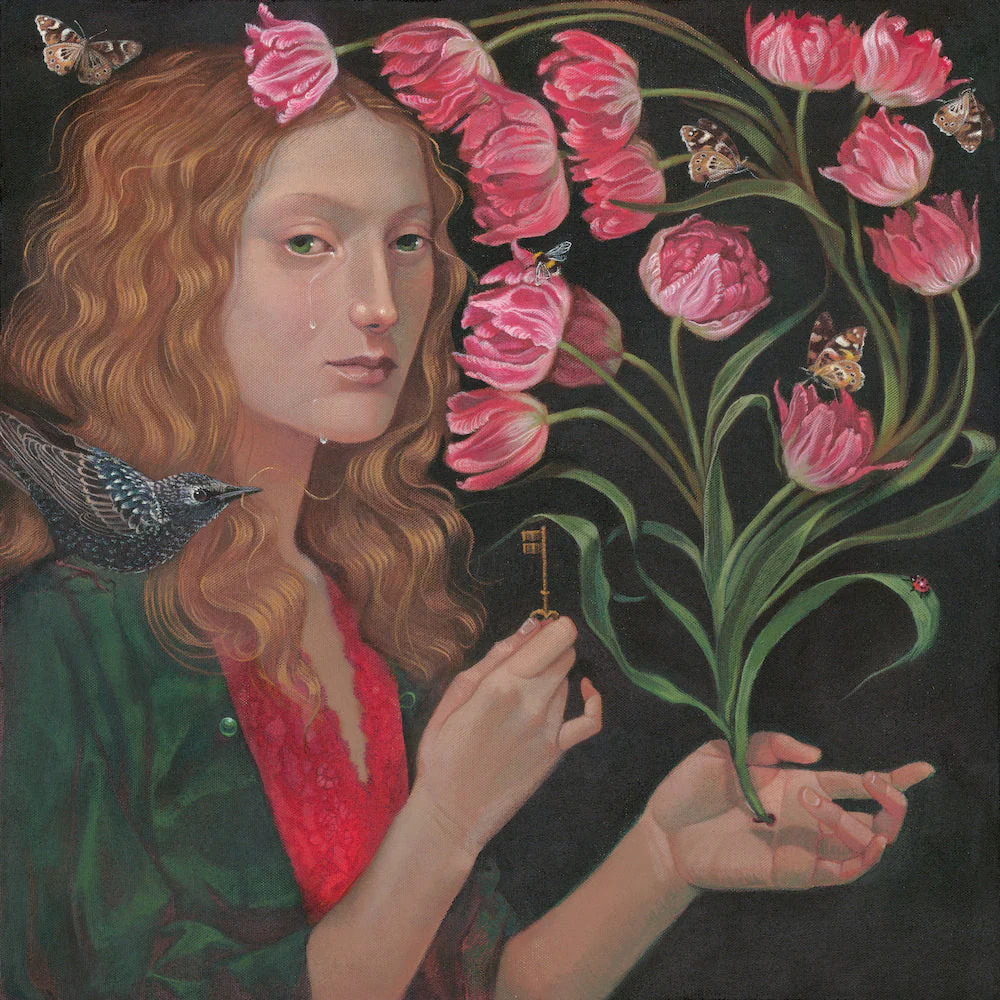 Woman with long hair holding pink tulips, with bird and butterflies in dark surreal portrait painting