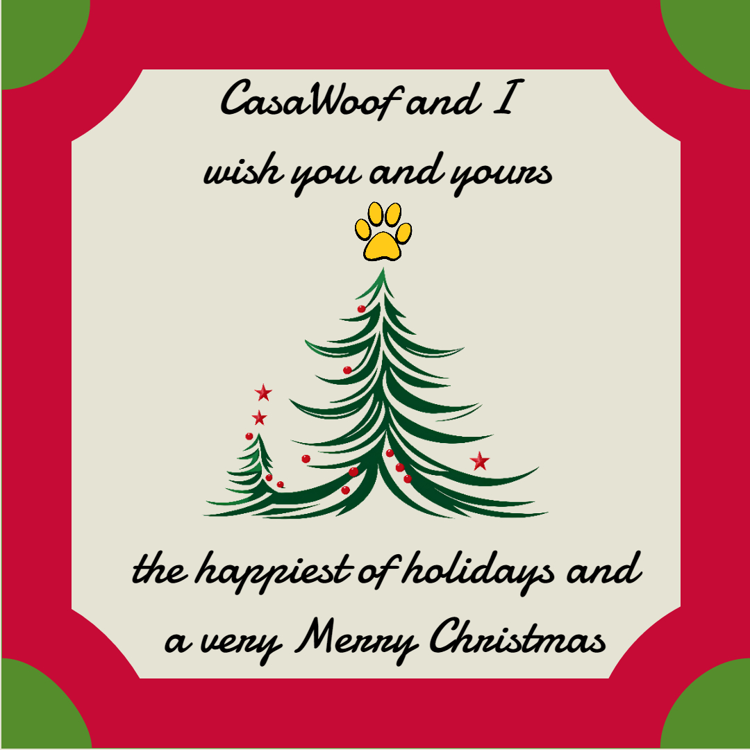 Christmas card with red border, holiday message, green trees, and a yellow paw print