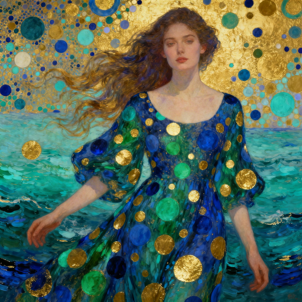 Woman in blue dress with gold circles by ocean, painting style with flowing hair and decorative background