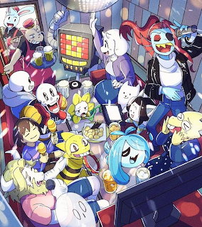 Undertale characters gathered at a karaoke party, including Sans, Papyrus, Frisk, Toriel, and others