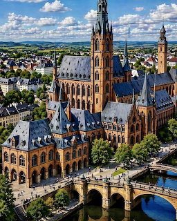Aerial view of a large Gothic cathedral with red sandstone walls and dark spires in German city