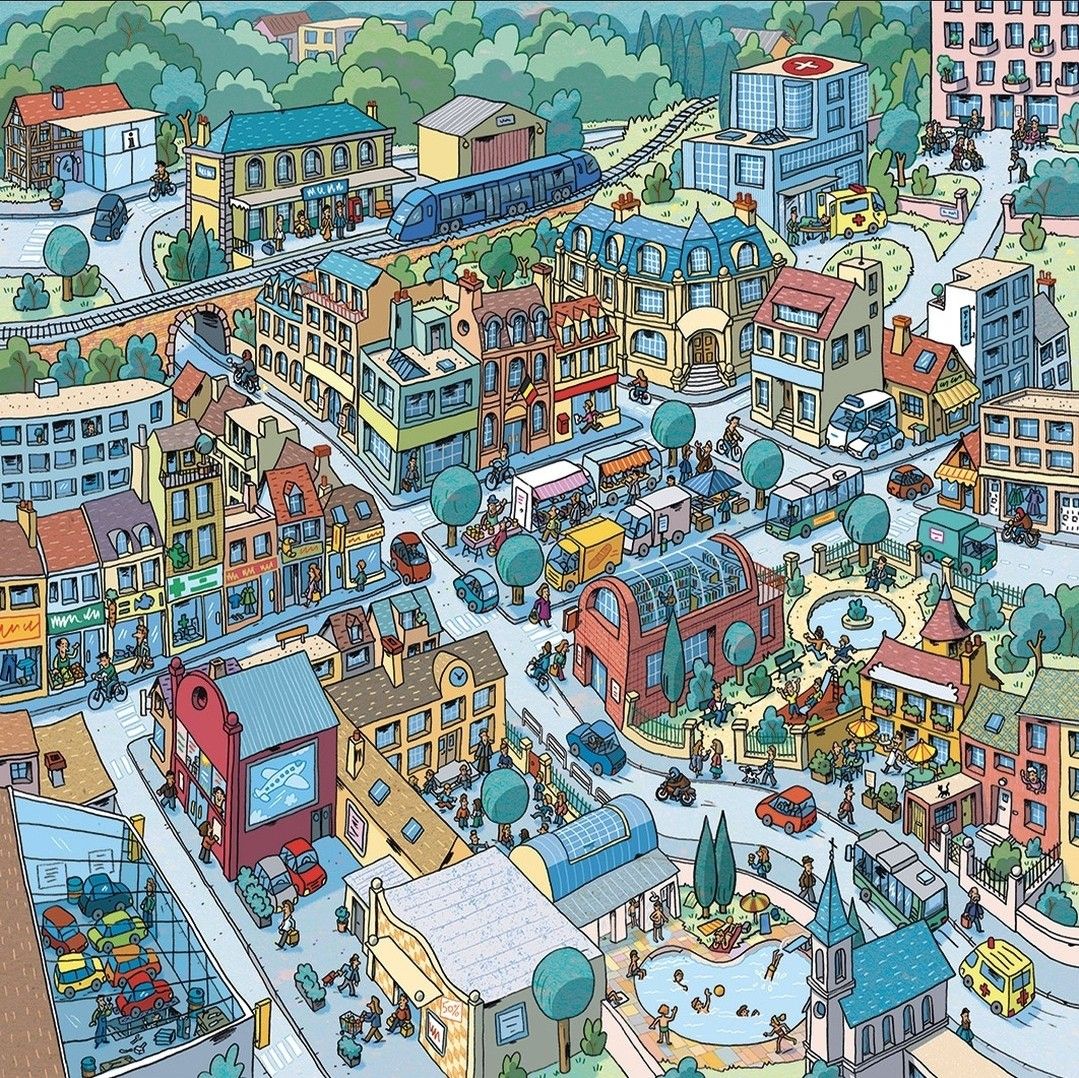 Colorful illustrated city street with buildings, cars, trees, and people in a busy neighborhood