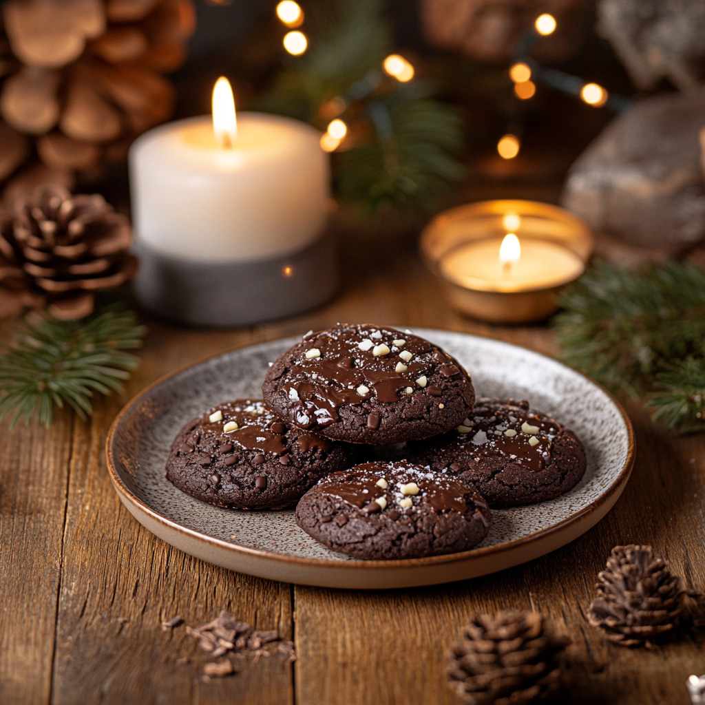 Chocolate cookies with powdered sugar on plate with lit candles and pine cones in festive Christmas scene