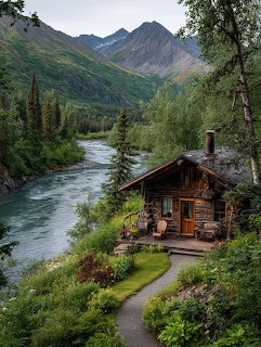 Rustic log cabin next to a flowing river with mountains and evergreen forest in the background