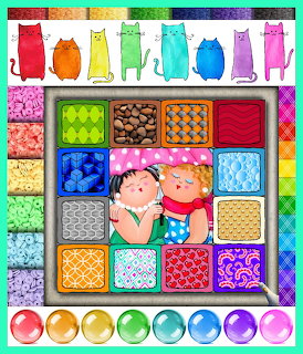 Grid layout with rainbow cats, two children, colorful patterned squares, and shiny beads at bottom