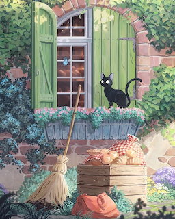 Black cat beside green shuttered window with garden plants and broom