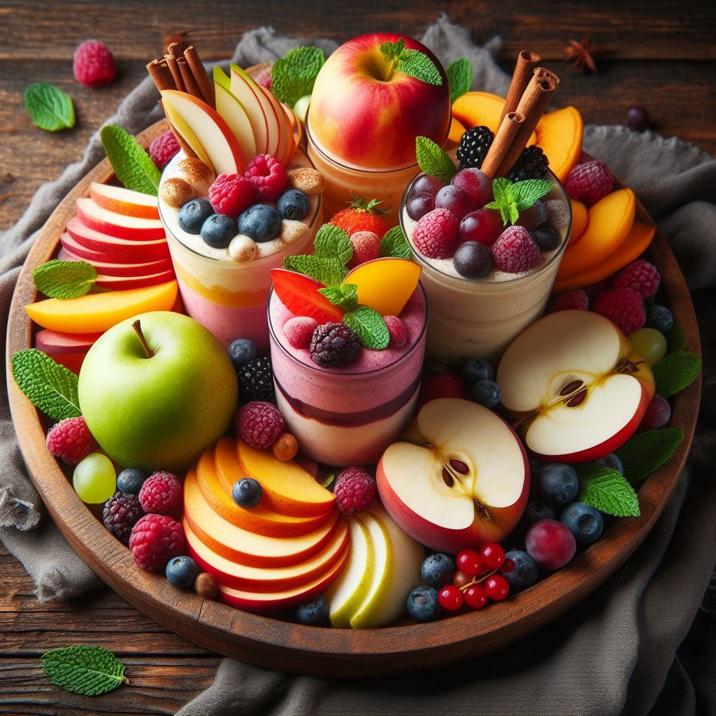 Colorful fruit platter with sliced apples, berries, and creamy dessert cups on a wooden tray